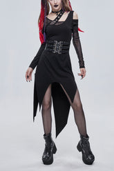 Robe Punk pour Femme avec Décoration de Boutonnière Main Fantôme Métallique Noire Asymétrique et Design Délavé